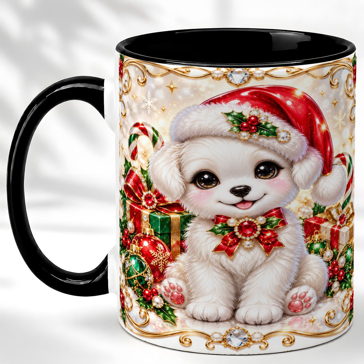 #pl[11oz|Black] Christmas Puppy Coffee Mug, Santa Dog Mug, Ceramic Cup