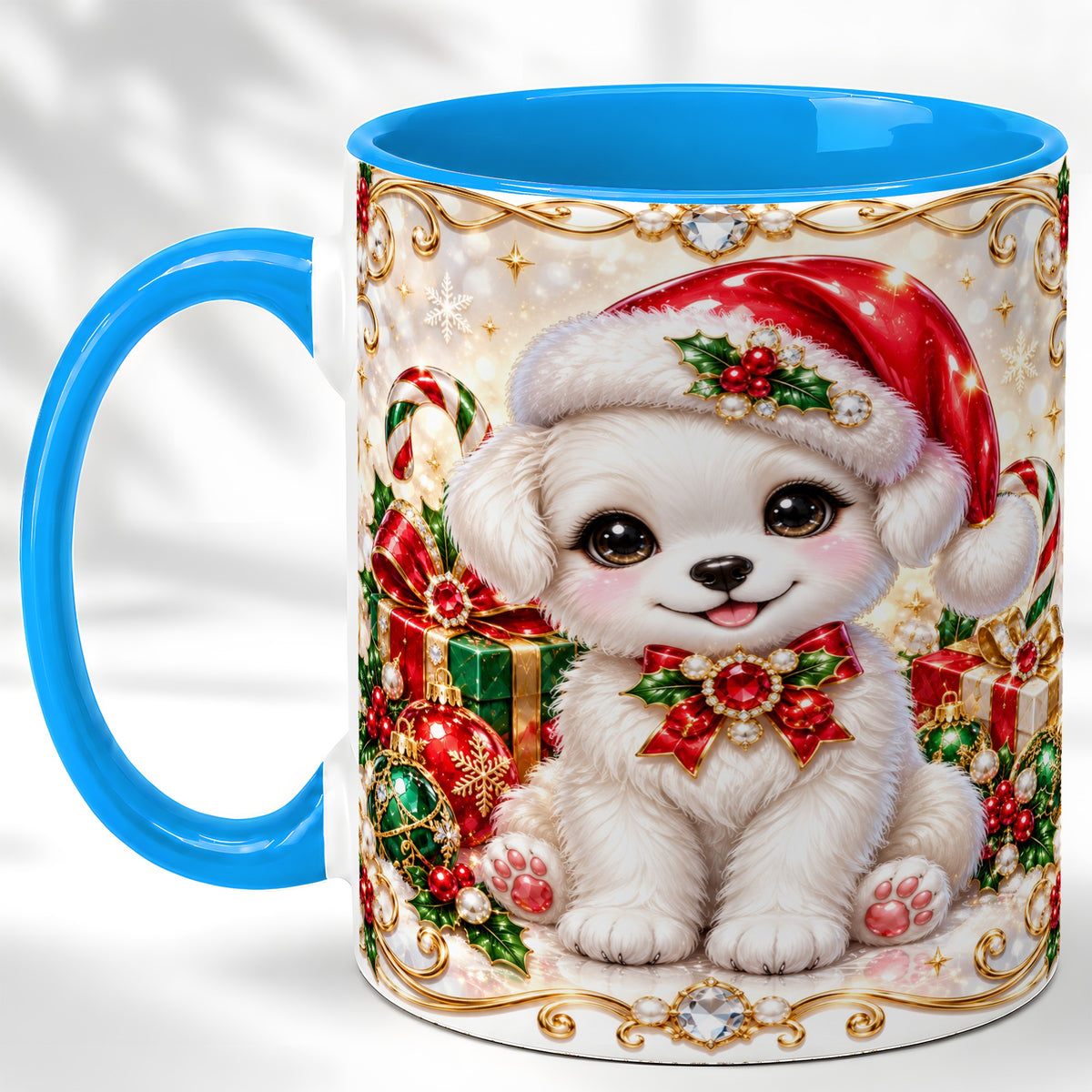 #pl[11oz|Blue] Christmas Puppy Coffee Mug, Santa Dog Mug, Ceramic Cup