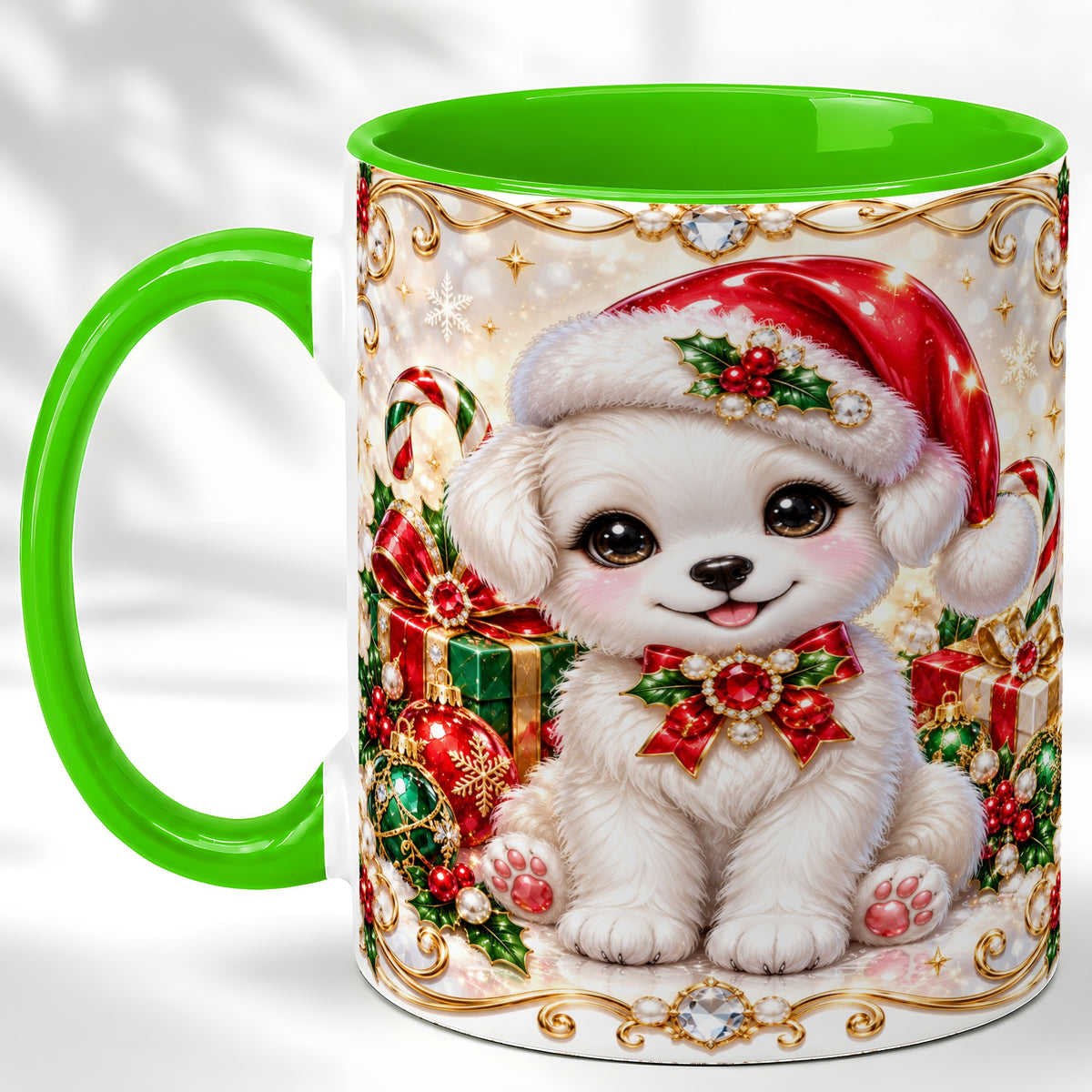 #pl[11oz|Green] Christmas Puppy Coffee Mug, Santa Dog Mug, Ceramic Cup