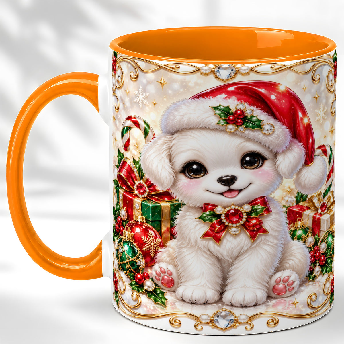 #pl[11oz|Orange] Christmas Puppy Coffee Mug, Santa Dog Mug, Ceramic Cup