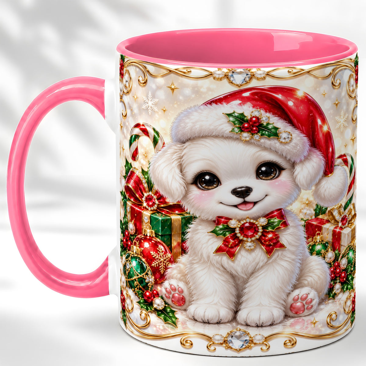 #pl[11oz|Pink] Christmas Puppy Coffee Mug, Santa Dog Mug, Ceramic Cup