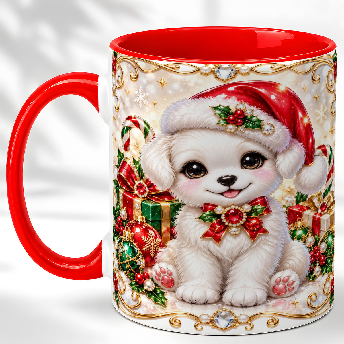 Christmas Puppy Coffee Mug, Santa Dog Mug, Ceramic Cup