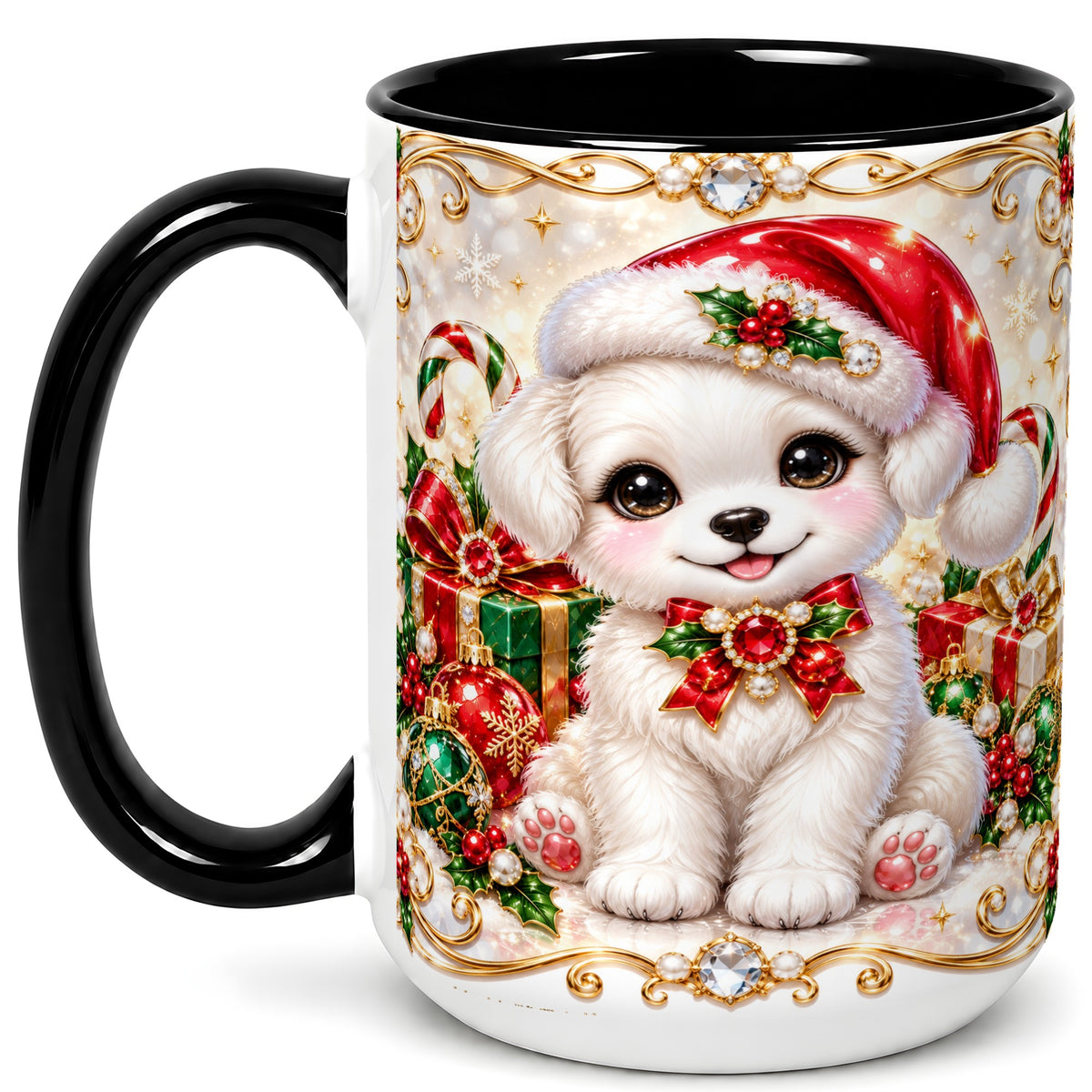 #pl[15oz|Black] Christmas Puppy Coffee Mug, Santa Dog Mug, Ceramic Cup