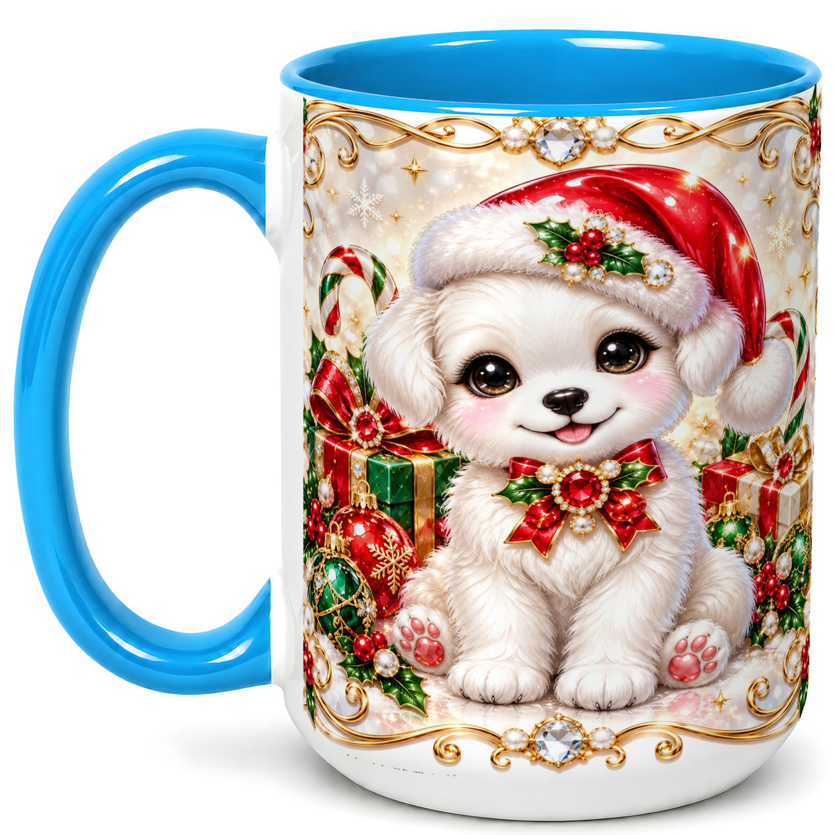 #pl[15oz|Blue] Christmas Puppy Coffee Mug, Santa Dog Mug, Ceramic Cup