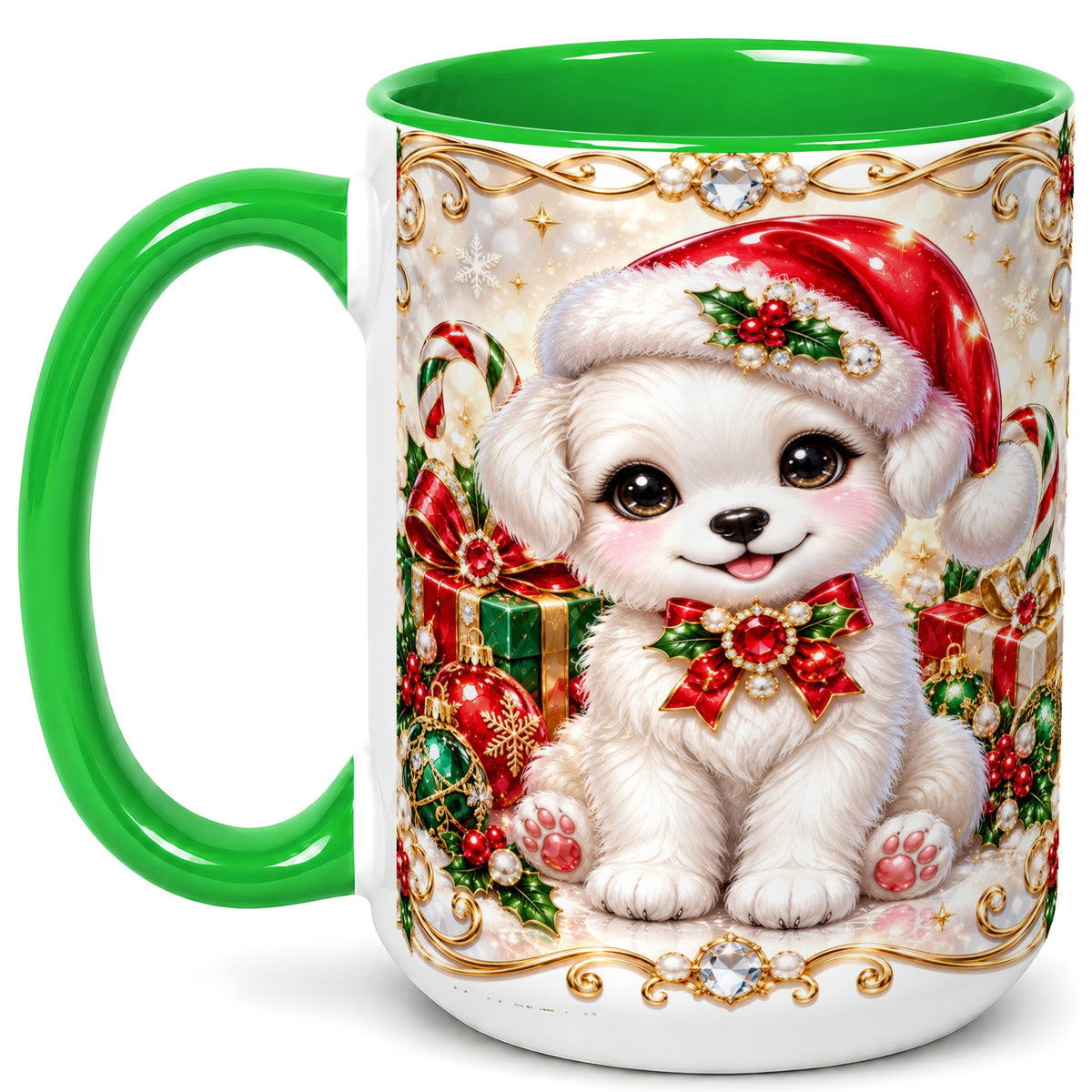 #pl[15oz|Green] Christmas Puppy Coffee Mug, Santa Dog Mug, Ceramic Cup