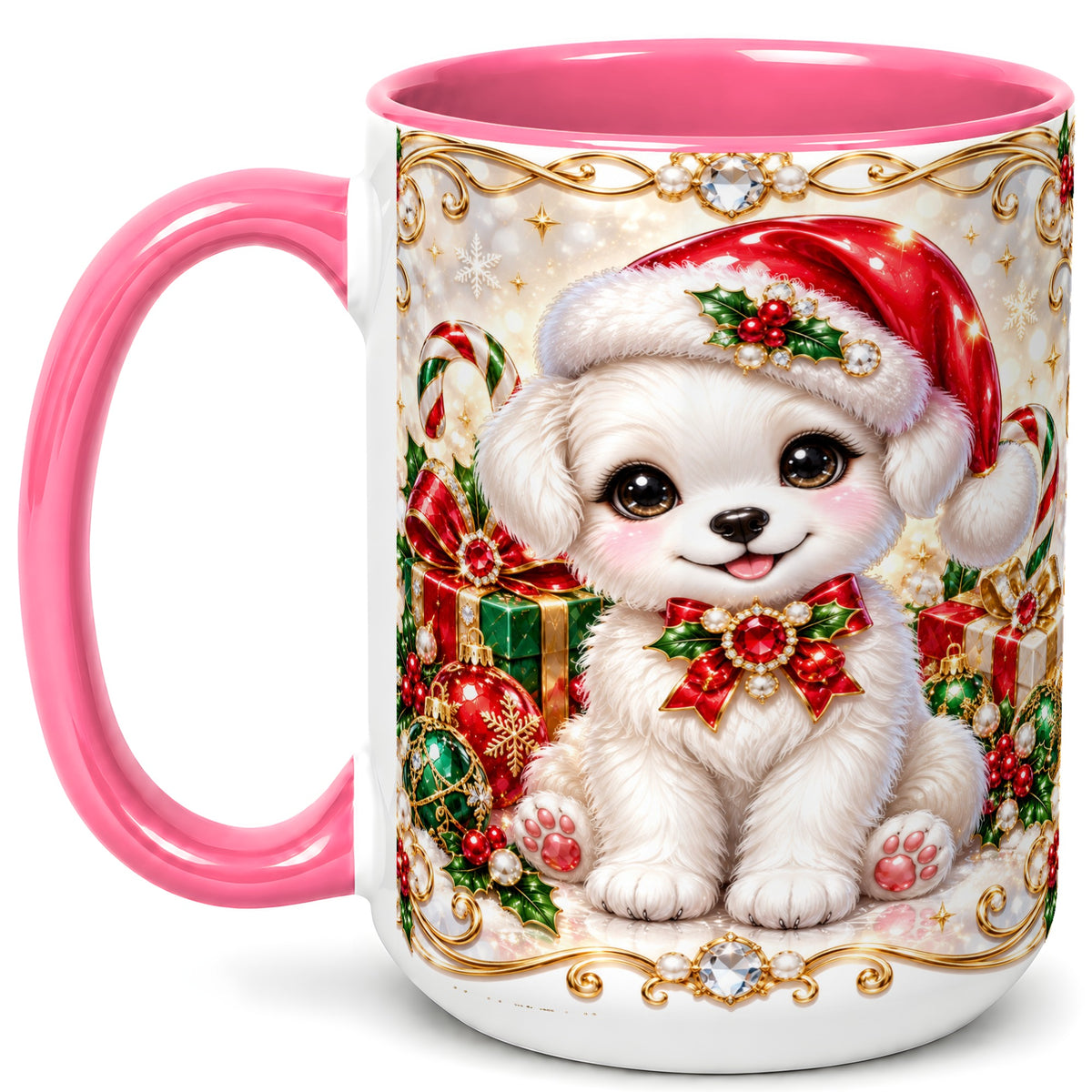 #pl[15oz|Pink] Christmas Puppy Coffee Mug, Santa Dog Mug, Ceramic Cup