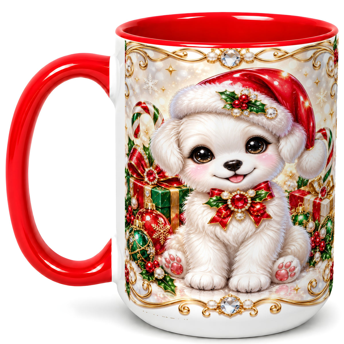 #pl[15oz|Red] Christmas Puppy Coffee Mug, Santa Dog Mug, Ceramic Cup
