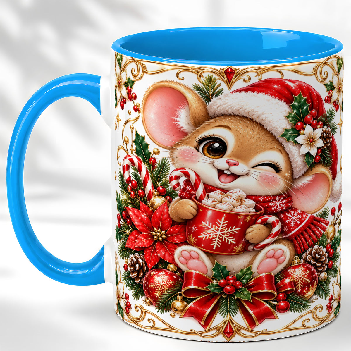 #pl[11oz|Blue] Christmas Mouse Coffee Mug, Cocoa Mouse Mug, Ceramic Cup