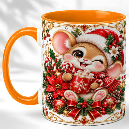 #pl[11oz|Orange] Christmas Mouse Coffee Mug, Cocoa Mouse Mug, Ceramic Cup