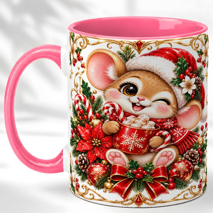 #pl[11oz|Pink] Christmas Mouse Coffee Mug, Cocoa Mouse Mug, Ceramic Cup