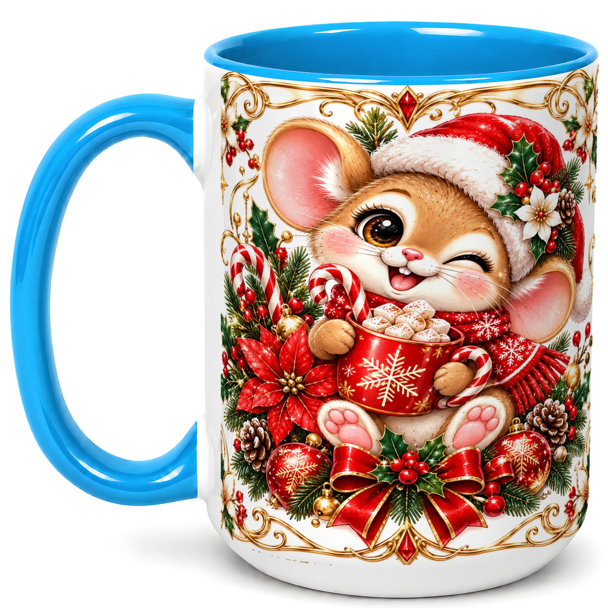 #pl[15oz|Blue] Christmas Mouse Coffee Mug, Cocoa Mouse Mug, Ceramic Cup