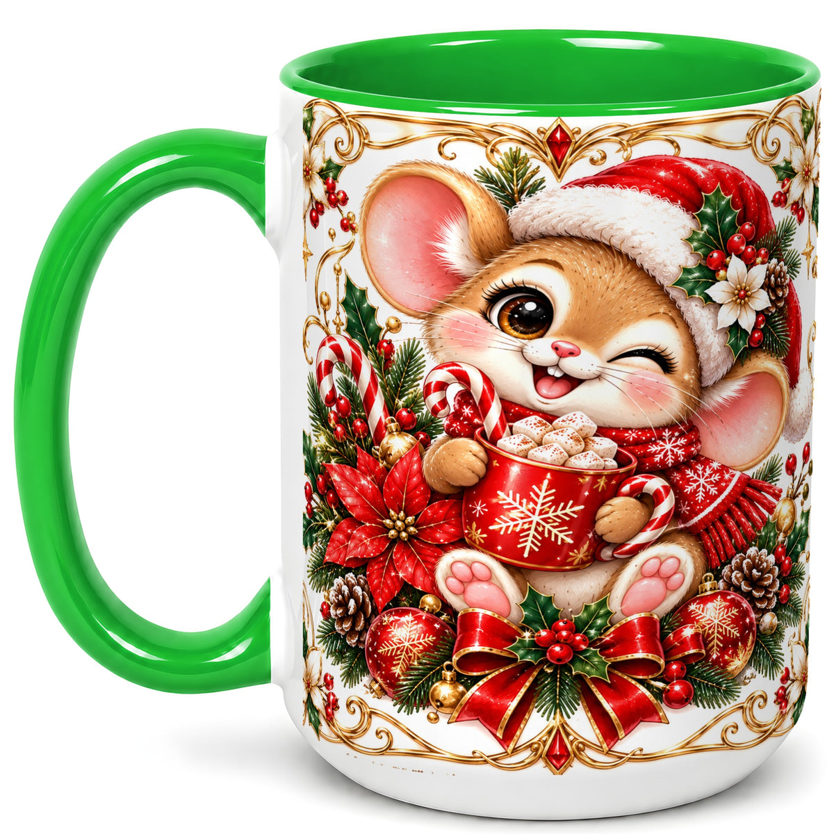 #pl[15oz|Green] Christmas Mouse Coffee Mug, Cocoa Mouse Mug, Ceramic Cup