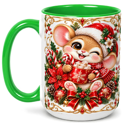 #pl[15oz|Green] Christmas Mouse Coffee Mug, Cocoa Mouse Mug, Ceramic Cup