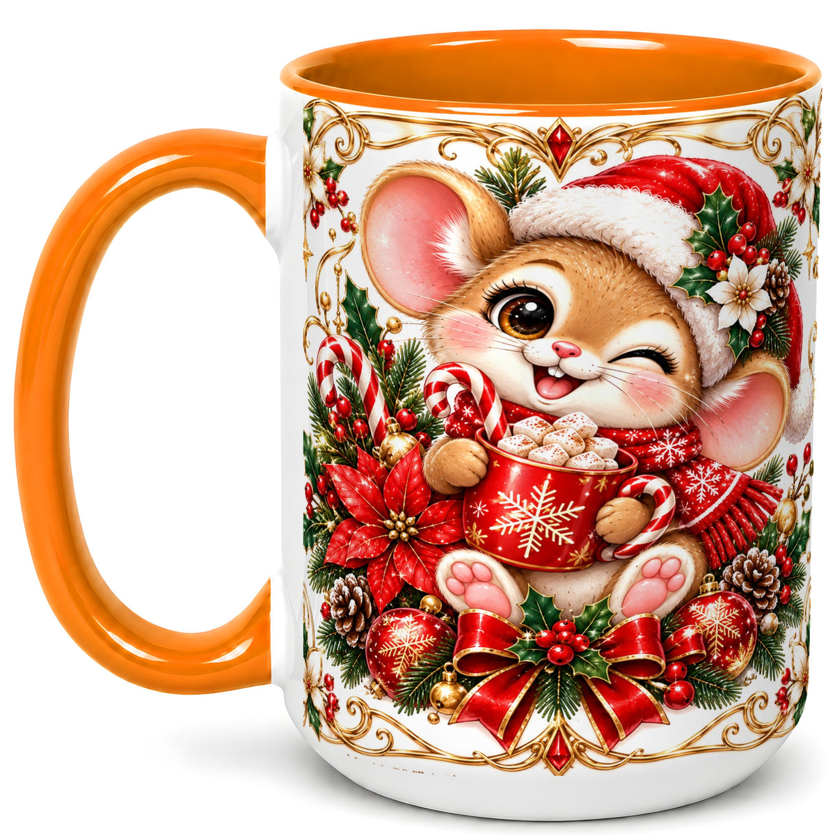 #pl[15oz|Orange] Christmas Mouse Coffee Mug, Cocoa Mouse Mug, Ceramic Cup