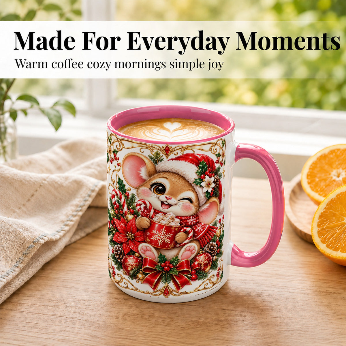 #pl[15oz|Pink] Christmas Mouse Coffee Mug, Cocoa Mouse Mug, Ceramic Cup
