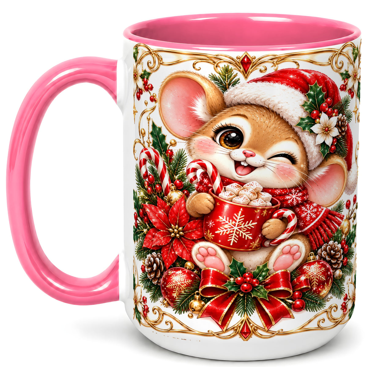 #pl[15oz|Pink] Christmas Mouse Coffee Mug, Cocoa Mouse Mug, Ceramic Cup