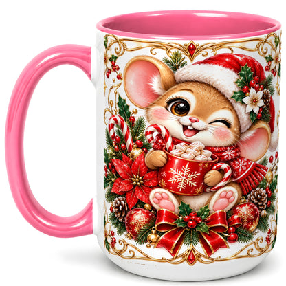 #pl[15oz|Pink] Christmas Mouse Coffee Mug, Cocoa Mouse Mug, Ceramic Cup
