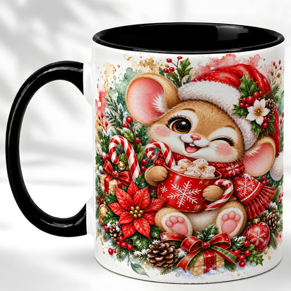 #pl[11oz|Black] Watercolor Christmas Mouse Coffee Mug, Cocoa Mouse Mug, Ceramic Cup