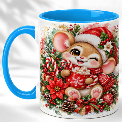 #pl[11oz|Blue] Watercolor Christmas Mouse Coffee Mug, Cocoa Mouse Mug, Ceramic Cup