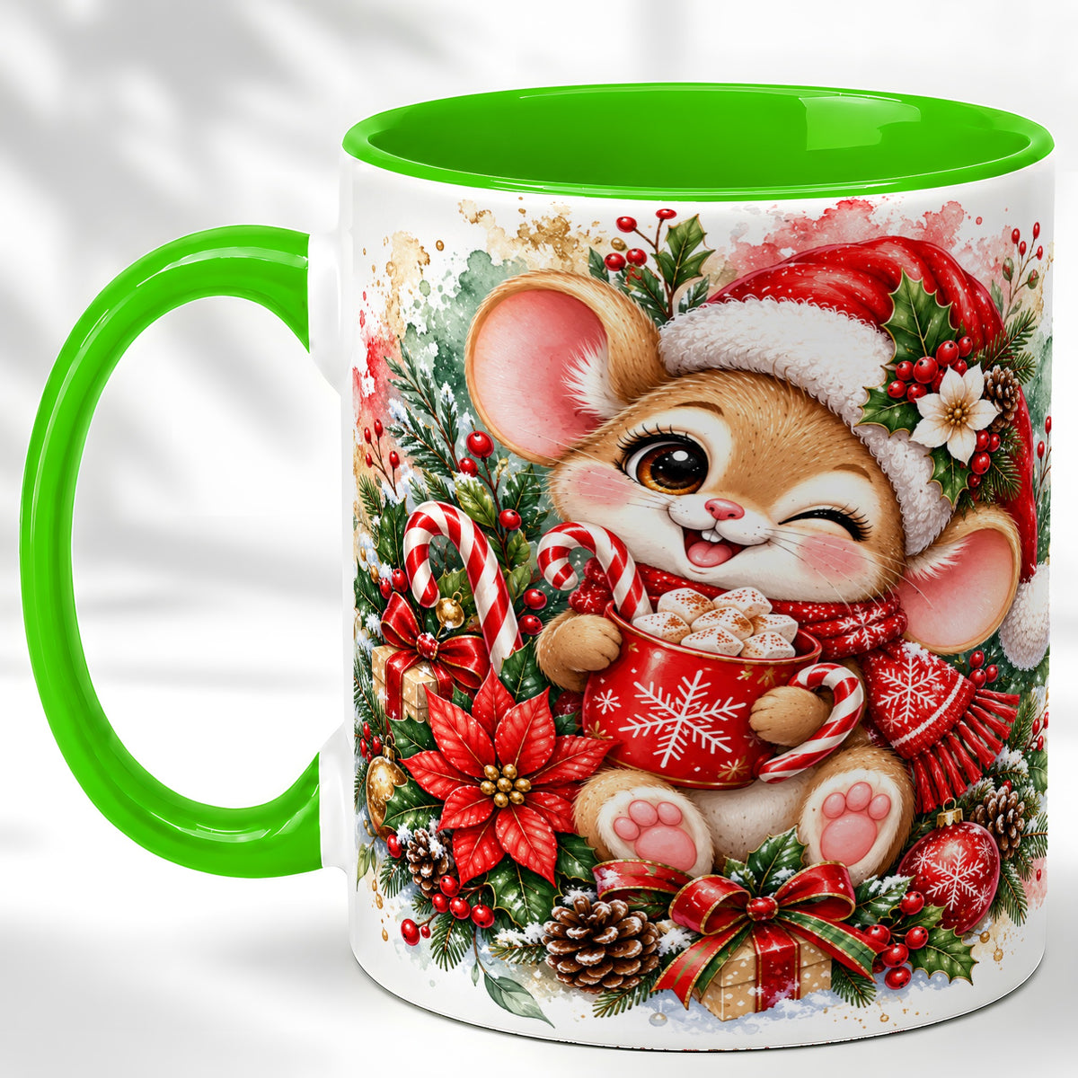 #pl[11oz|Green] Watercolor Christmas Mouse Coffee Mug, Cocoa Mouse Mug, Ceramic Cup