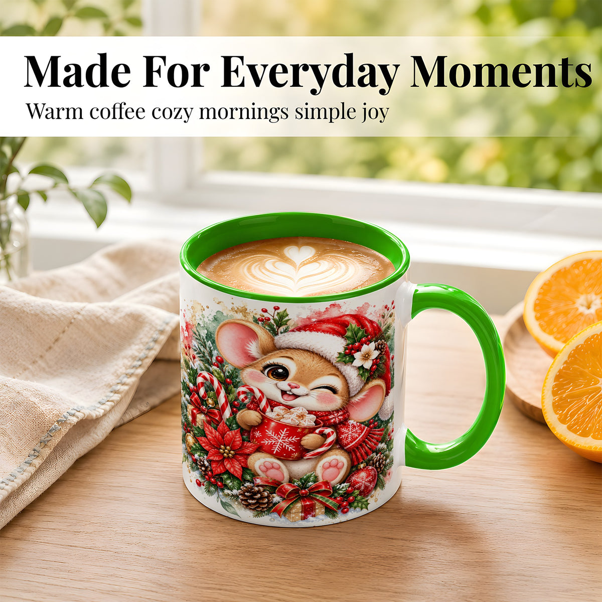 #pl[11oz|Green] Watercolor Christmas Mouse Coffee Mug, Cocoa Mouse Mug, Ceramic Cup