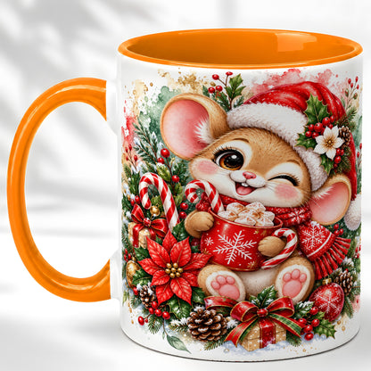 #pl[11oz|Orange] Watercolor Christmas Mouse Coffee Mug, Cocoa Mouse Mug, Ceramic Cup