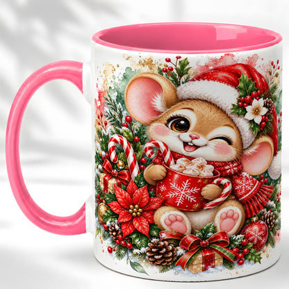 #pl[11oz|Pink] Watercolor Christmas Mouse Coffee Mug, Cocoa Mouse Mug, Ceramic Cup