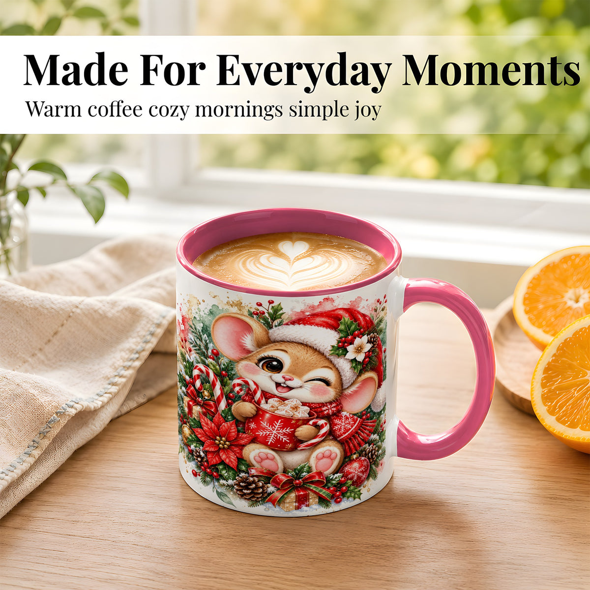 #pl[11oz|Pink] Watercolor Christmas Mouse Coffee Mug, Cocoa Mouse Mug, Ceramic Cup