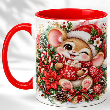 Watercolor Christmas Mouse Coffee Mug, Cocoa Mouse Mug, Ceramic Cup