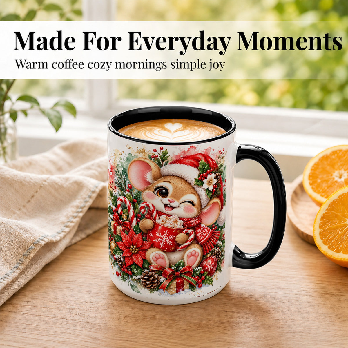 #pl[15oz|Black] Watercolor Christmas Mouse Coffee Mug, Cocoa Mouse Mug, Ceramic Cup