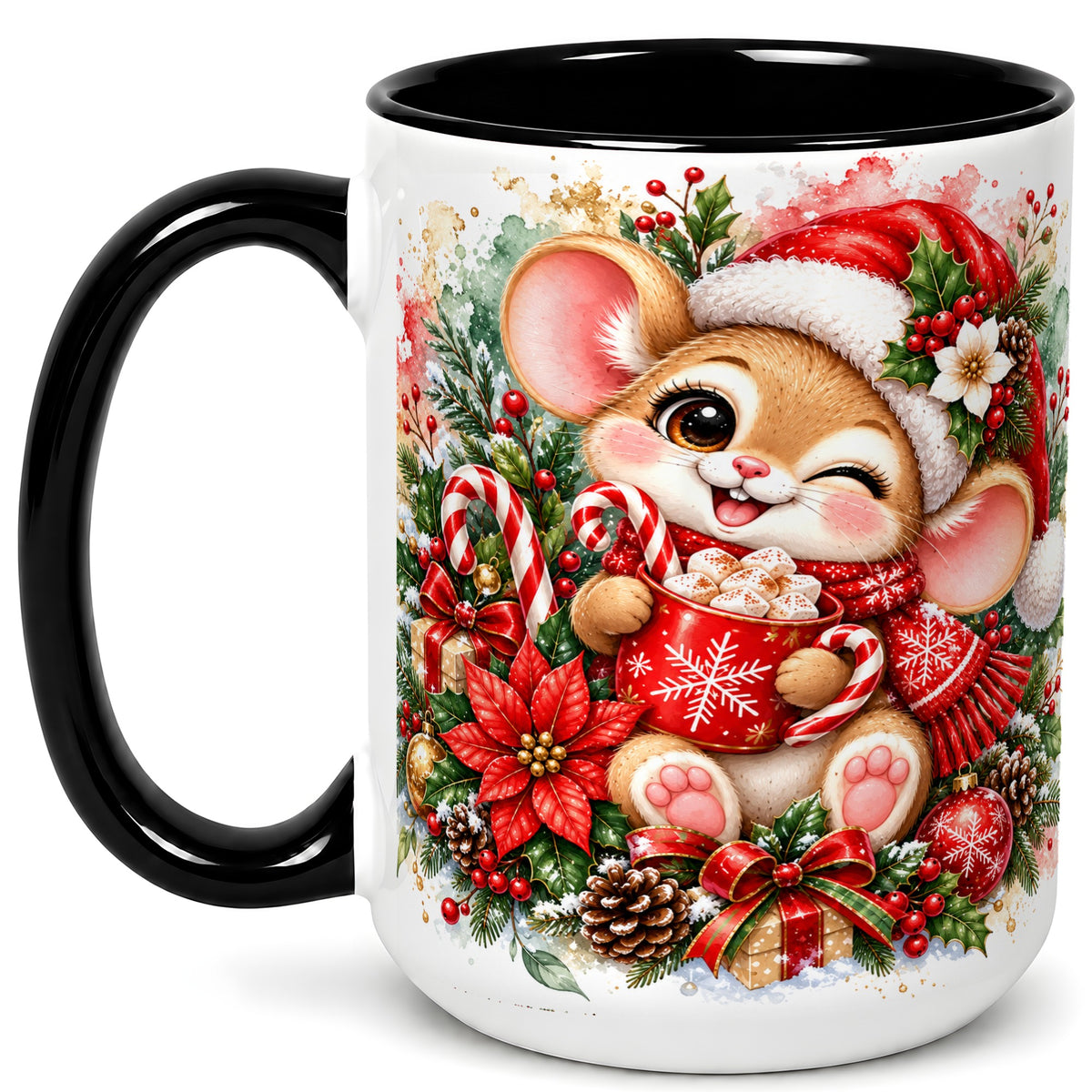 #pl[15oz|Black] Watercolor Christmas Mouse Coffee Mug, Cocoa Mouse Mug, Ceramic Cup