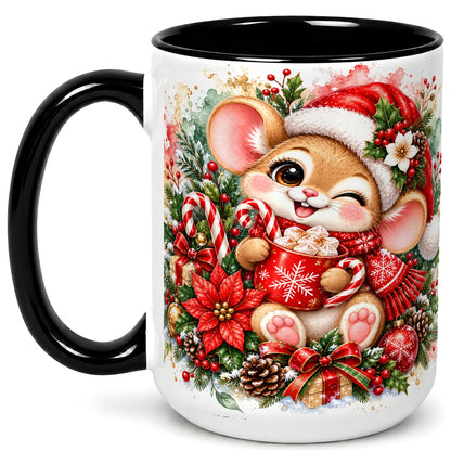 #pl[15oz|Black] Watercolor Christmas Mouse Coffee Mug, Cocoa Mouse Mug, Ceramic Cup