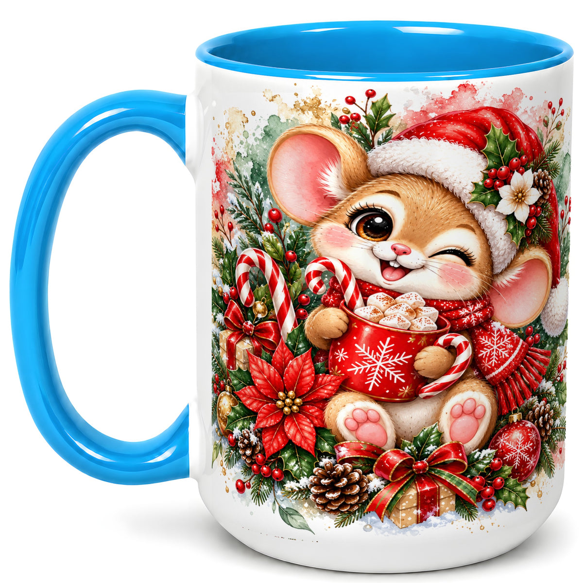 #pl[15oz|Blue] Watercolor Christmas Mouse Coffee Mug, Cocoa Mouse Mug, Ceramic Cup