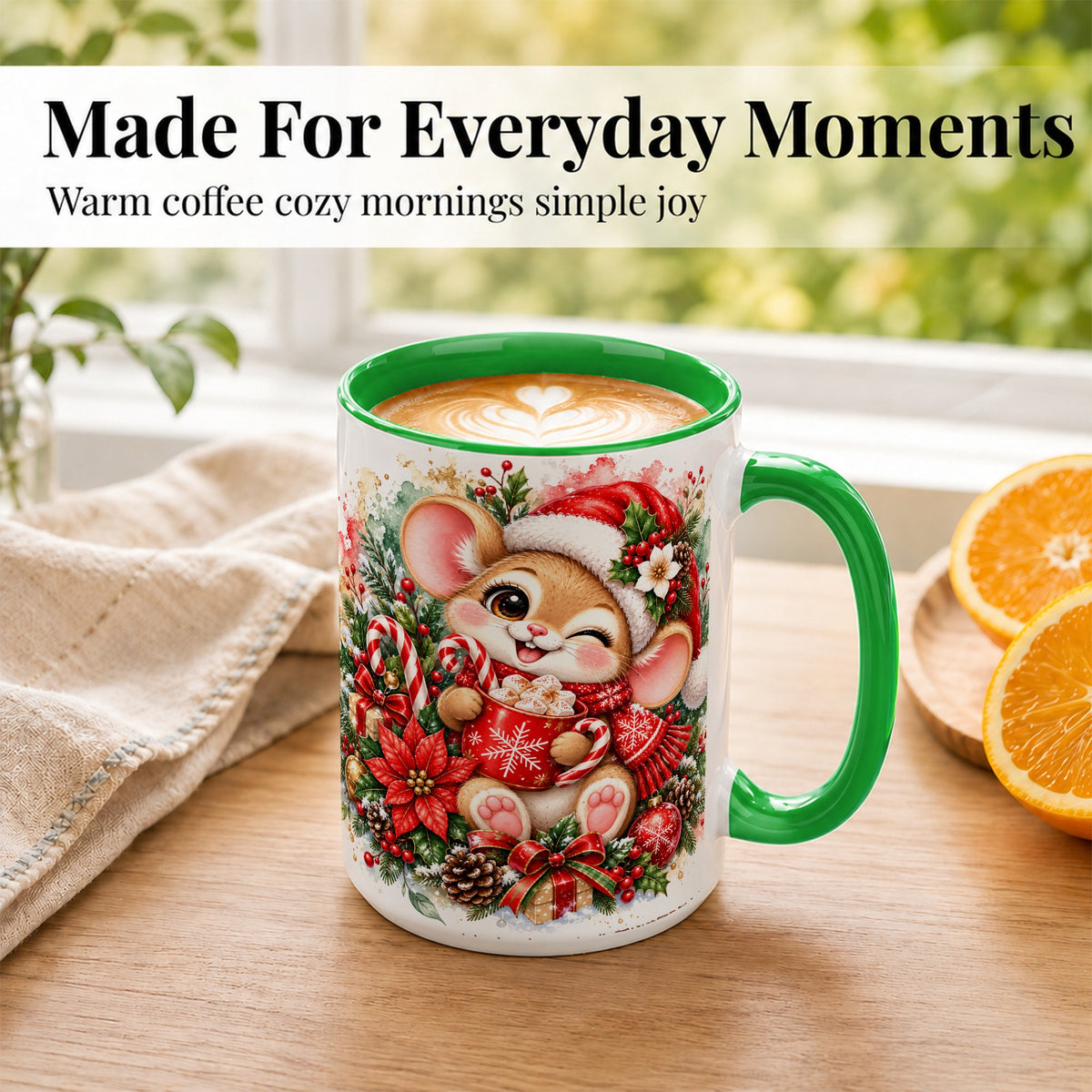 #pl[15oz|Green] Watercolor Christmas Mouse Coffee Mug, Cocoa Mouse Mug, Ceramic Cup