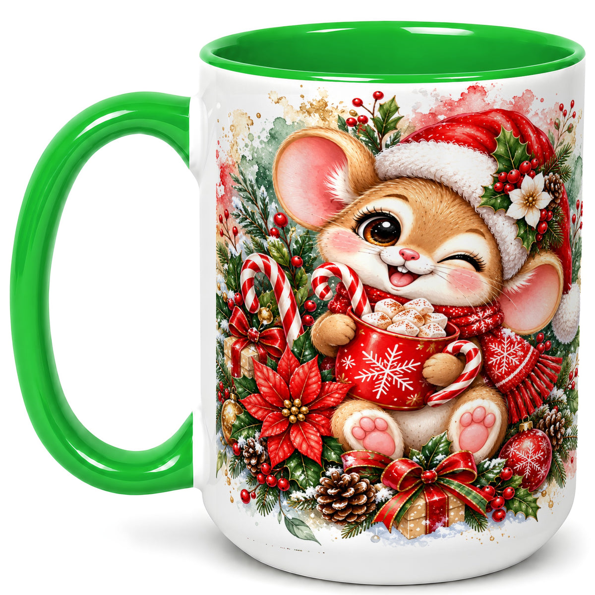 #pl[15oz|Green] Watercolor Christmas Mouse Coffee Mug, Cocoa Mouse Mug, Ceramic Cup