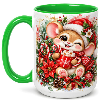 #pl[15oz|Green] Watercolor Christmas Mouse Coffee Mug, Cocoa Mouse Mug, Ceramic Cup