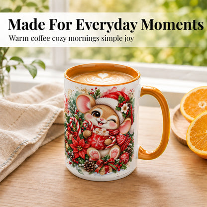 #pl[15oz|Orange] Watercolor Christmas Mouse Coffee Mug, Cocoa Mouse Mug, Ceramic Cup