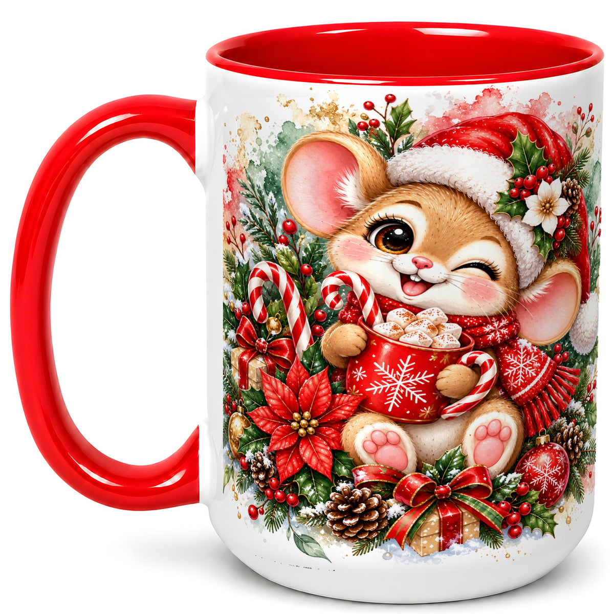 #pl[15oz|Red] Watercolor Christmas Mouse Coffee Mug, Cocoa Mouse Mug, Ceramic Cup