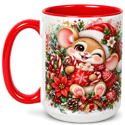 #pl[15oz|Red] Watercolor Christmas Mouse Coffee Mug, Cocoa Mouse Mug, Ceramic Cup