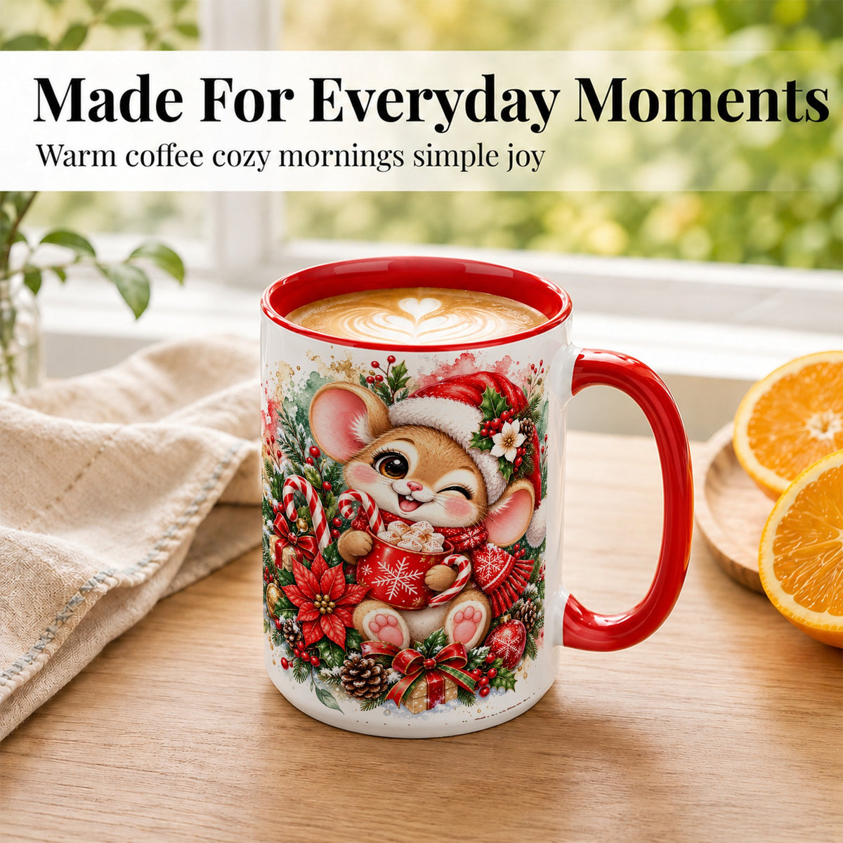 #pl[15oz|Red] Watercolor Christmas Mouse Coffee Mug, Cocoa Mouse Mug, Ceramic Cup