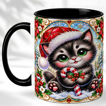 #pl[11oz|Black] Christmas Kitten Coffee Mug, Candy Cane Cat Mug, Ceramic Cup