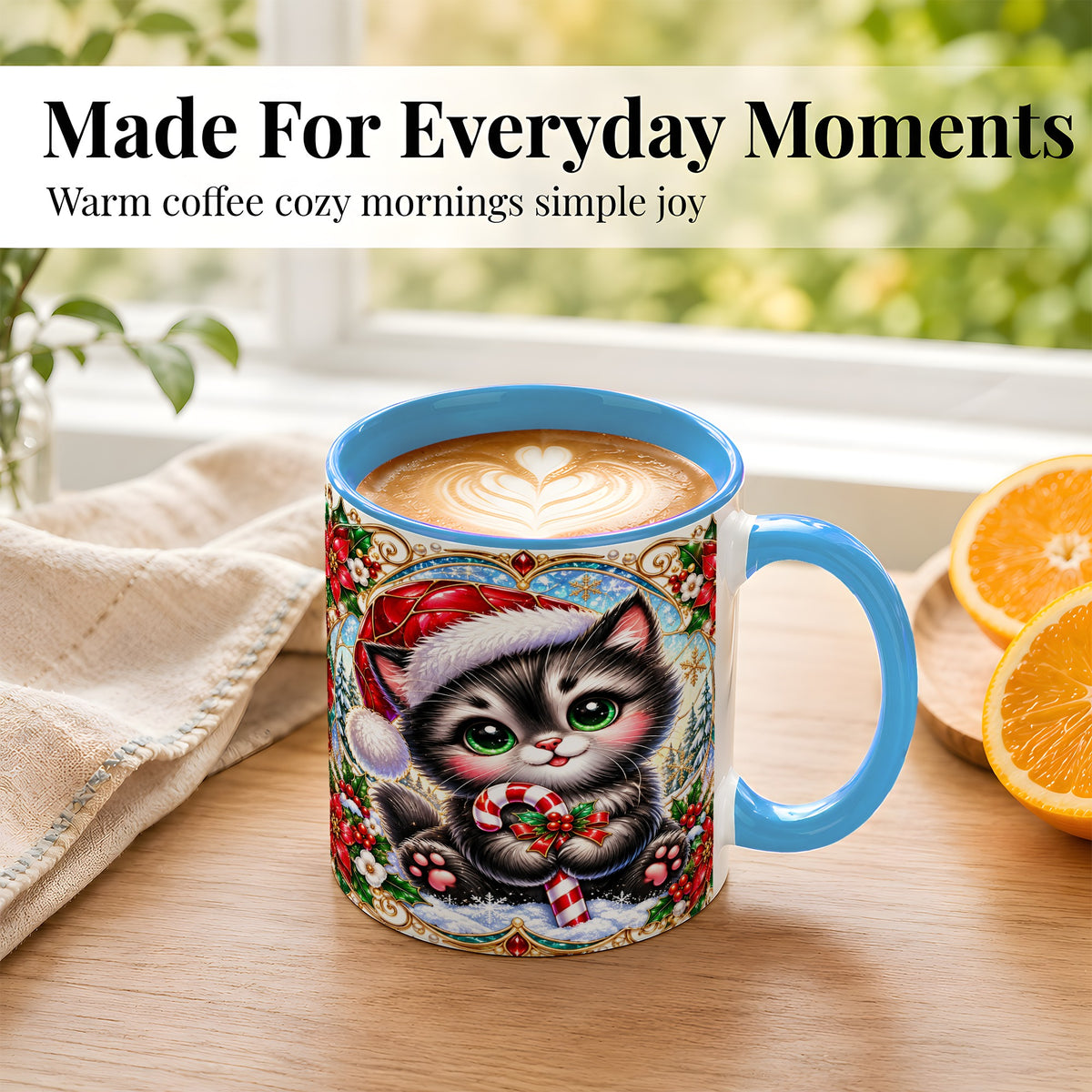 #pl[11oz|Blue] Christmas Kitten Coffee Mug, Candy Cane Cat Mug, Ceramic Cup