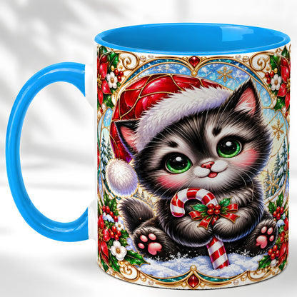 #pl[11oz|Blue] Christmas Kitten Coffee Mug, Candy Cane Cat Mug, Ceramic Cup
