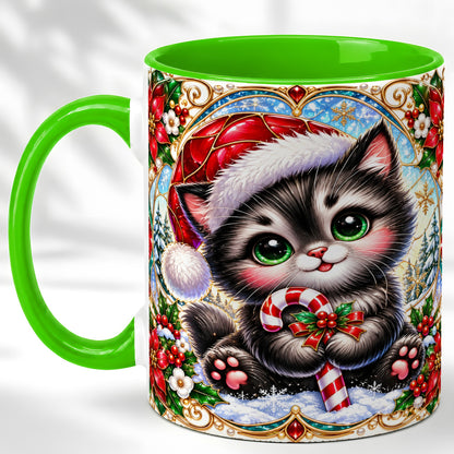 #pl[11oz|Green] Christmas Kitten Coffee Mug, Candy Cane Cat Mug, Ceramic Cup