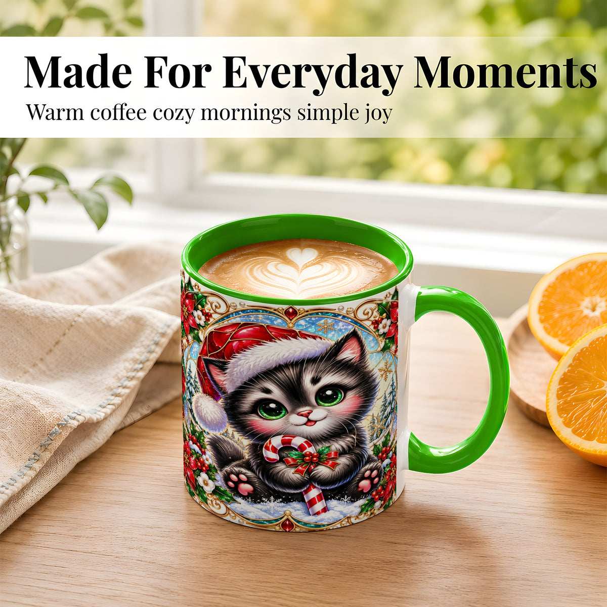 #pl[11oz|Green] Christmas Kitten Coffee Mug, Candy Cane Cat Mug, Ceramic Cup