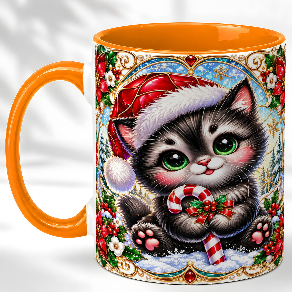 #pl[11oz|Orange] Christmas Kitten Coffee Mug, Candy Cane Cat Mug, Ceramic Cup