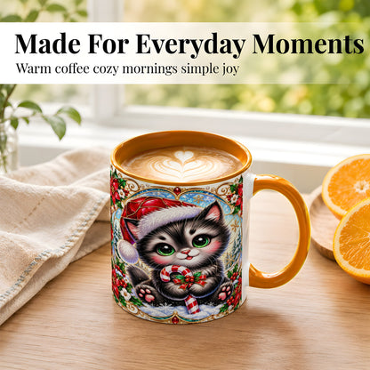 #pl[11oz|Orange] Christmas Kitten Coffee Mug, Candy Cane Cat Mug, Ceramic Cup