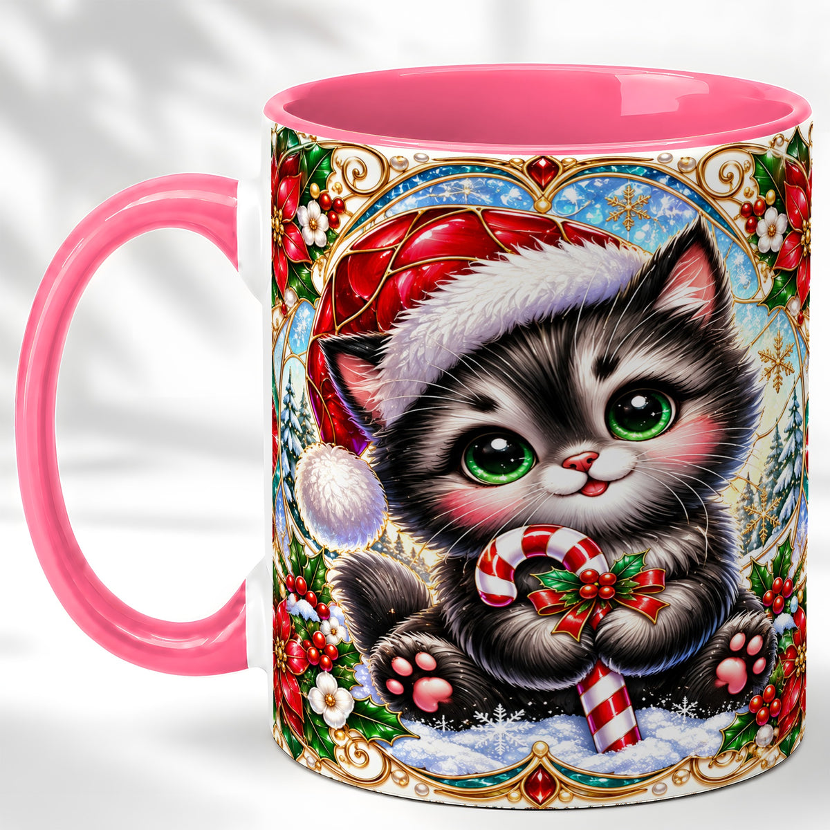 #pl[11oz|Pink] Christmas Kitten Coffee Mug, Candy Cane Cat Mug, Ceramic Cup