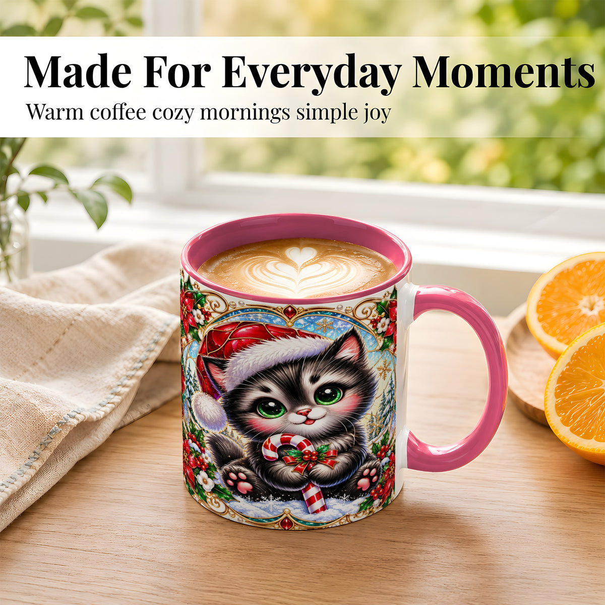 #pl[11oz|Pink] Christmas Kitten Coffee Mug, Candy Cane Cat Mug, Ceramic Cup