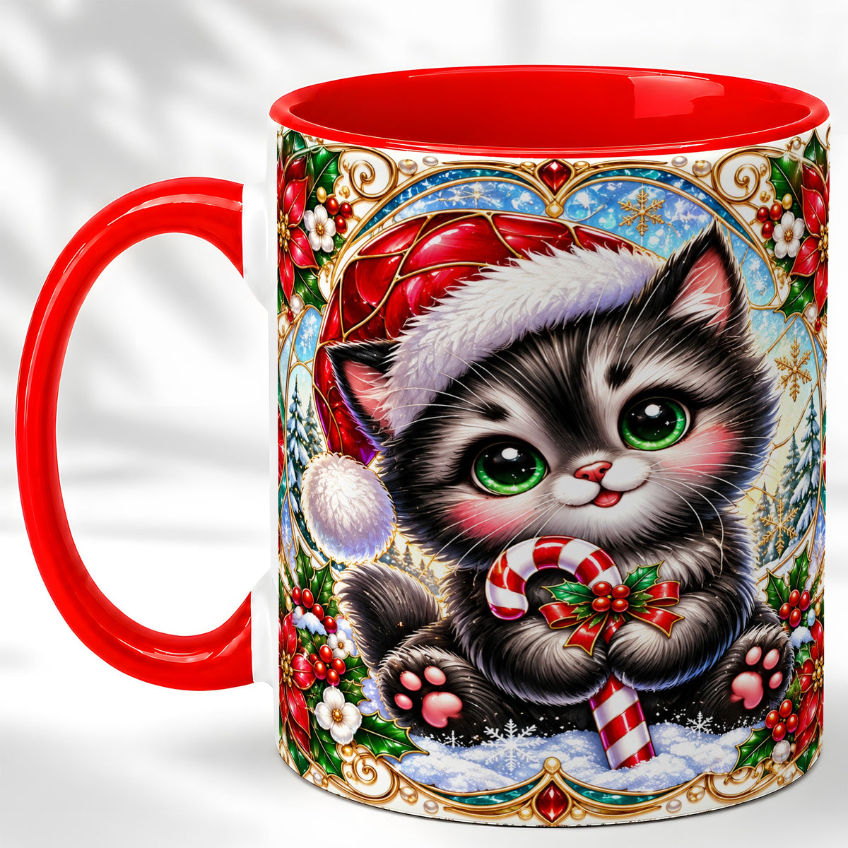 Christmas Kitten Coffee Mug, Candy Cane Cat Mug, Ceramic Cup